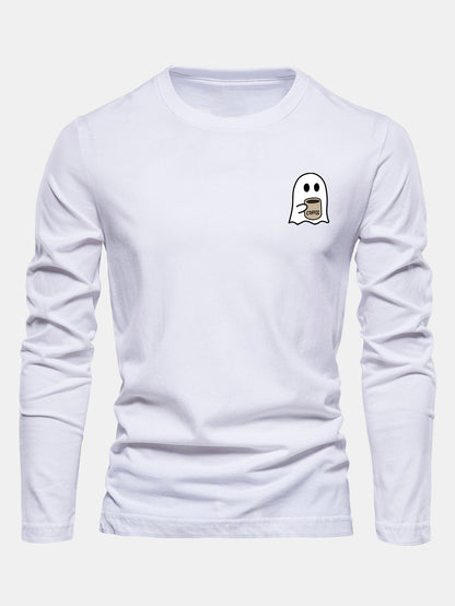 Long Sleeve Ghost Drinking Coffee Print Cotton T-Shirt