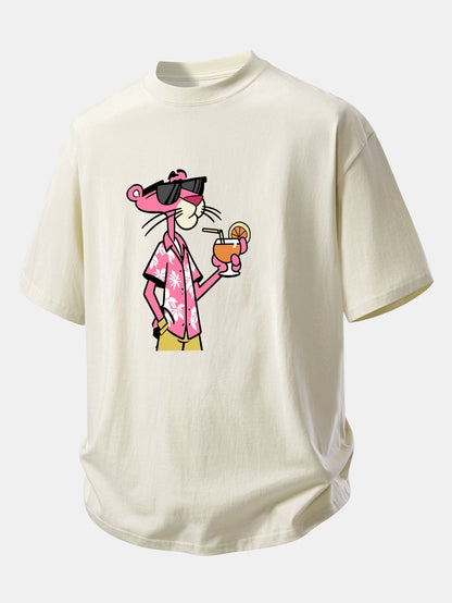 Relax Fit Vacation Pink Panther Print Cotton T-Shirt