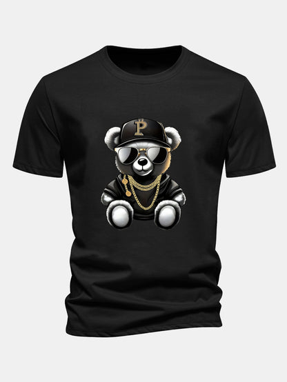 Regular Fit Hip Hop Bear Print Cotton T-Shirt