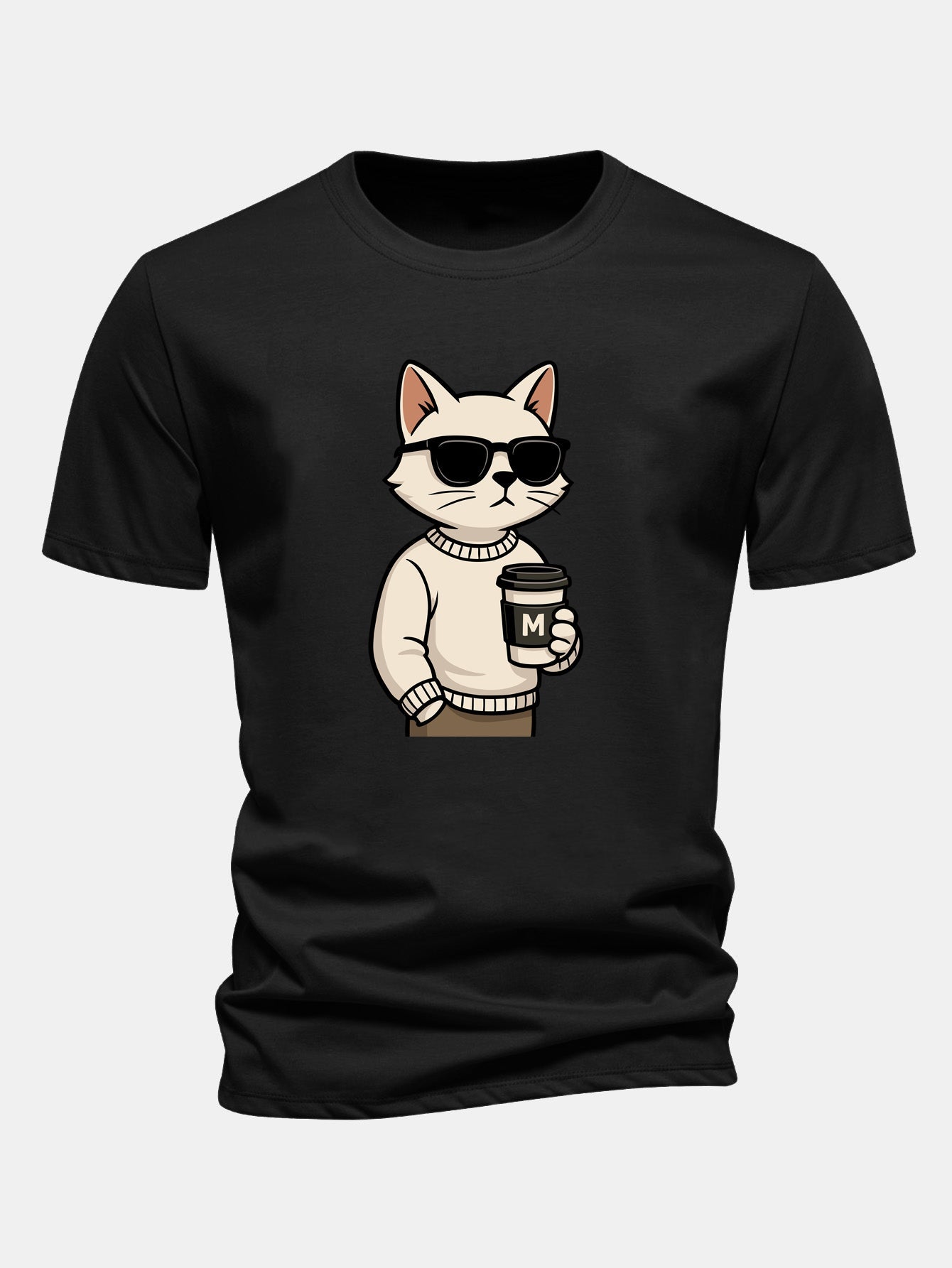 Regular Fit Cat Drinking Coffee Print Cotton T-Shirt
