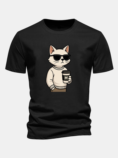 Regular Fit Cat Drinking Coffee Print Cotton T-Shirt