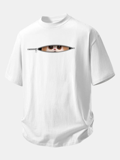 Relax Fit Zipper Cat Print Cotton T-Shirt