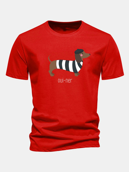 Regular Fit French Dachshund Print Cotton T-Shirt