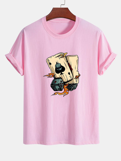 Regular Fit Dice Playing Cards Print Cotton T-Shirt
