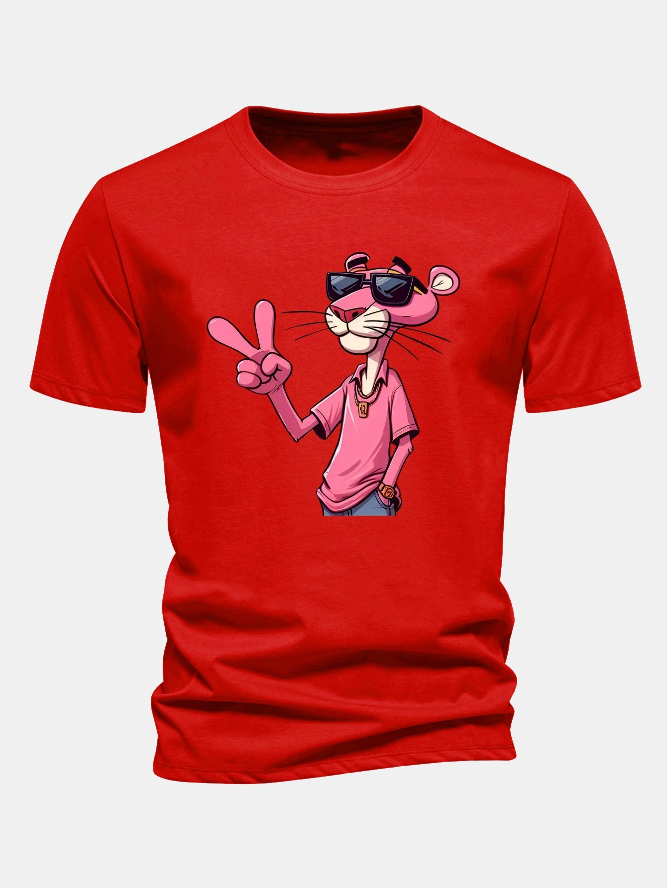 Regular Fit Pink Panther With V Sign Print Cotton T-Shirt