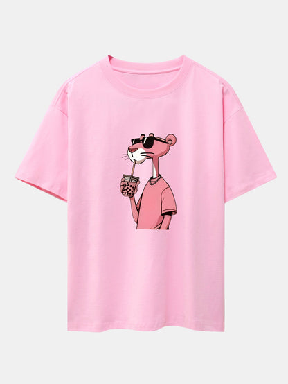 Pink Panther Print Drop Shoulder Oversize T-Shirt