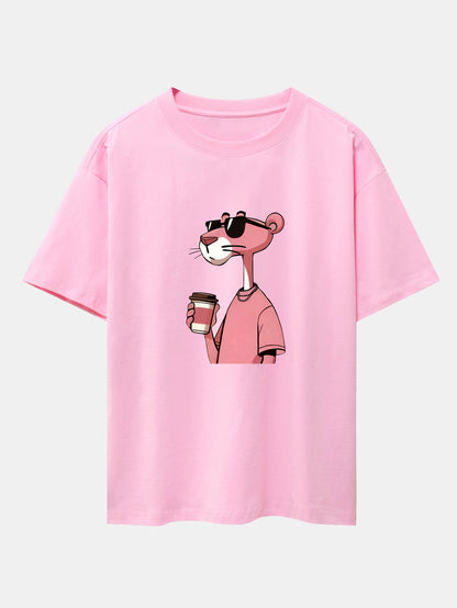 Pink Panther Drinking Coffee Print Drop Shoulder Oversize T-Shirt