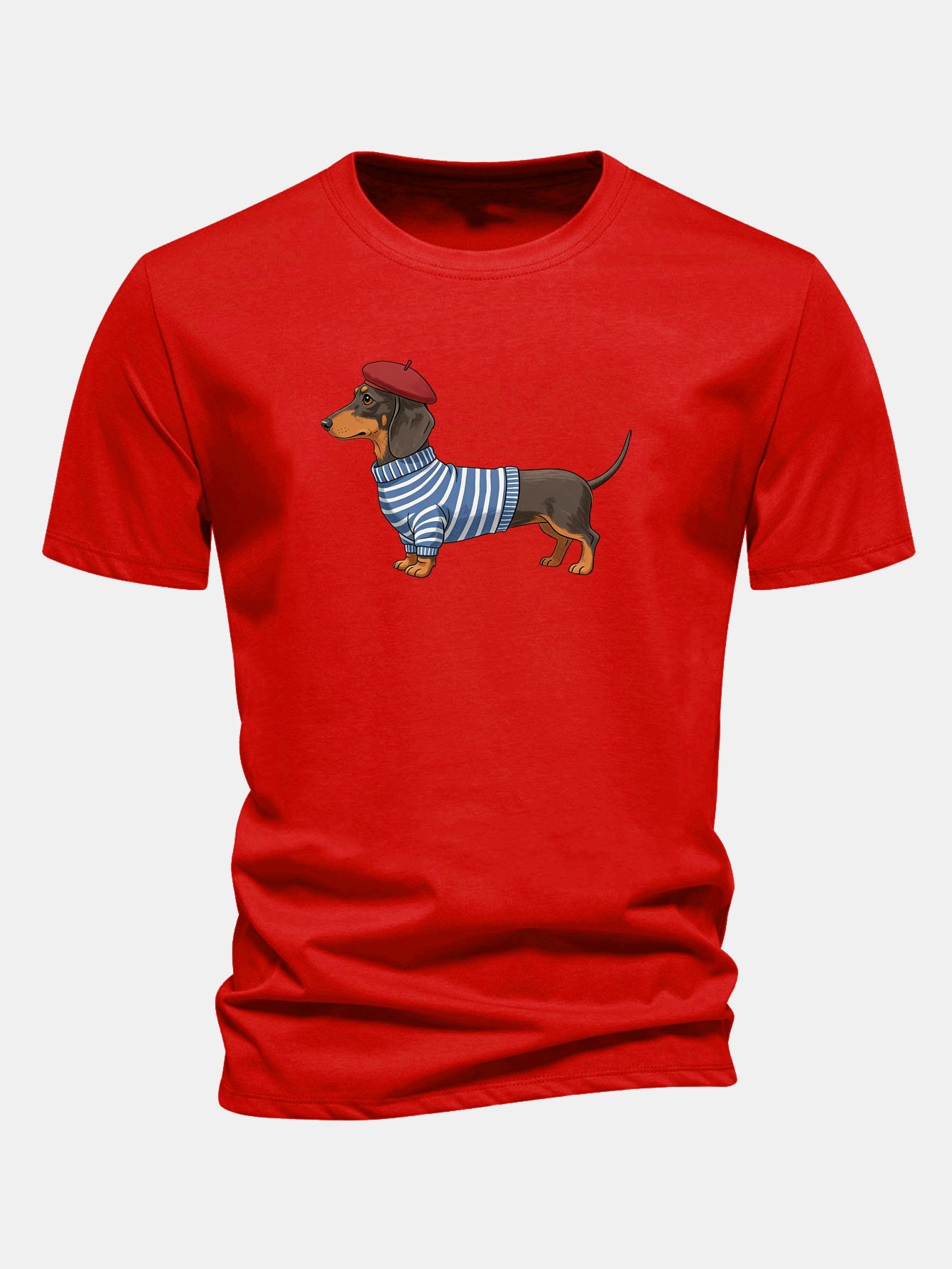 Regular Fit Dachshund Wearing Striped Sweater Print Cotton T-Shirt