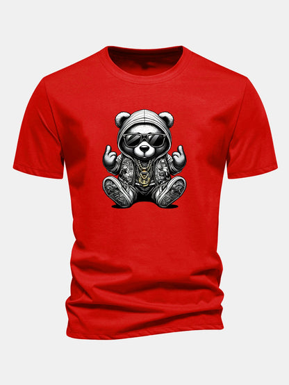 Regular Fit Hip Hop Bear Print Cotton T-Shirt