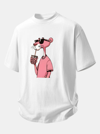 Relax Fit Pink Panther Print Cotton T-Shirt