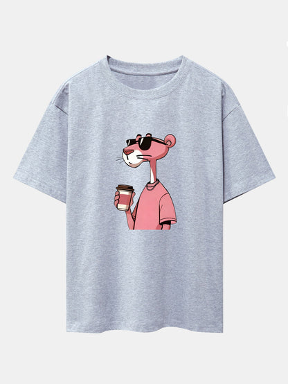 Pink Panther Drinking Coffee Print Drop Shoulder Oversize T-Shirt