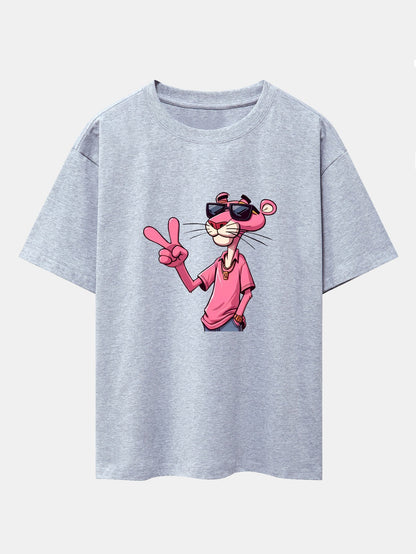 Pink Panther With V Sign Print Drop Shoulder Oversize T-Shirt