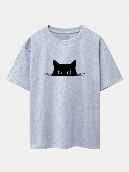Black Cat Print Drop Shoulder Oversize T-Shirt