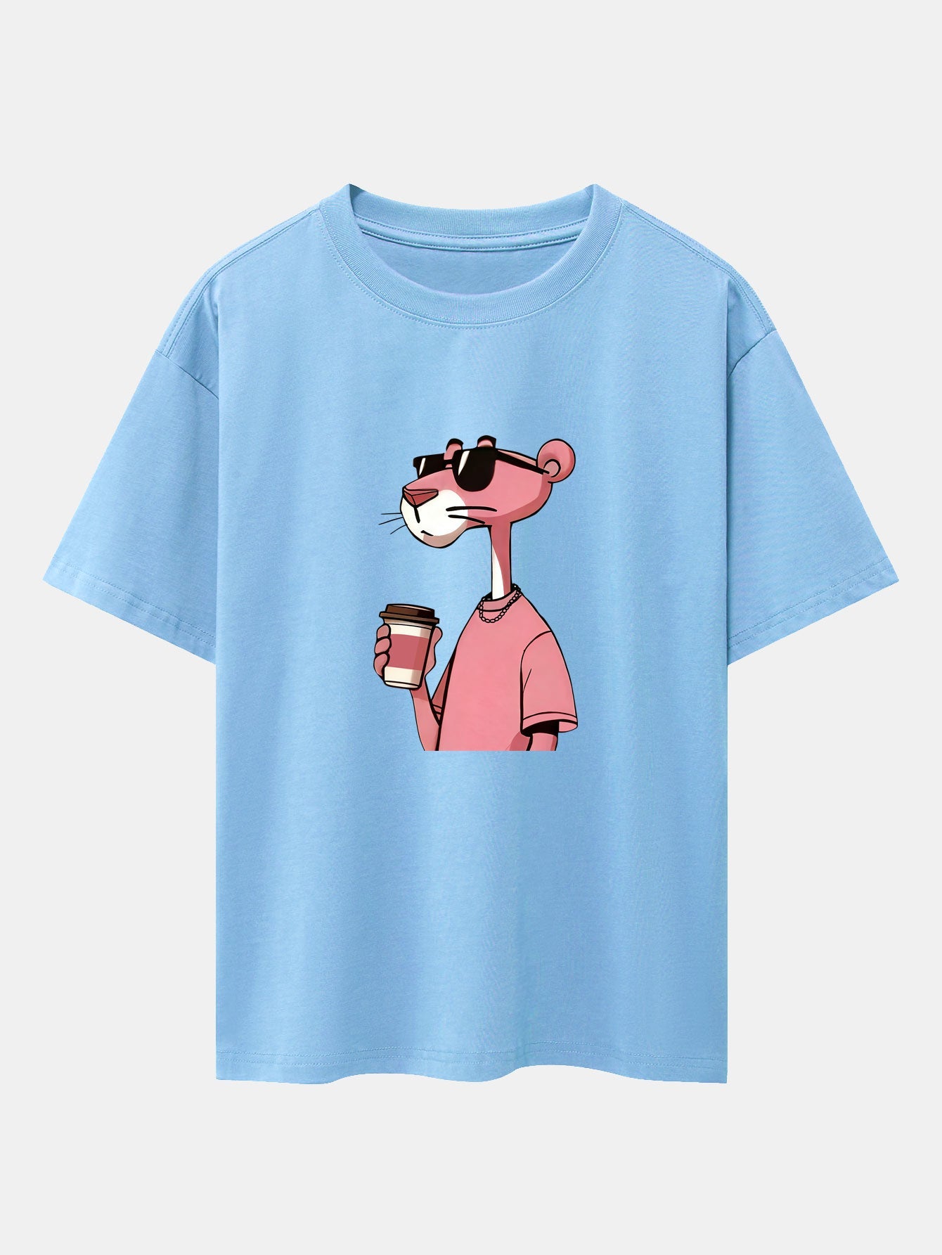 Pink Panther Drinking Coffee Print Drop Shoulder Oversize T-Shirt