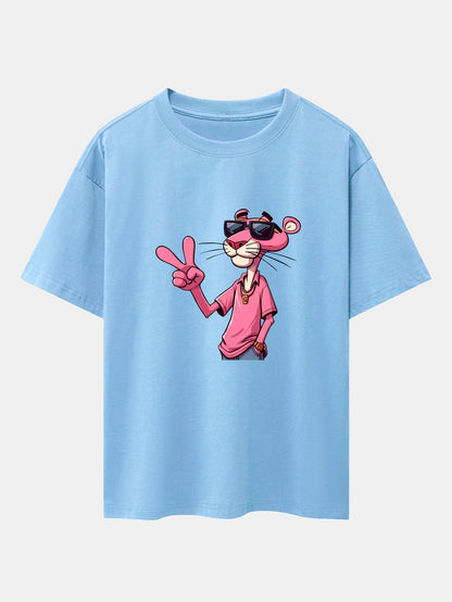 Pink Panther With V Sign Print Drop Shoulder Oversize T-Shirt
