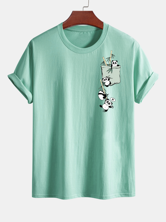 Regular Fit Pocket Panda Print Cotton T-Shirt