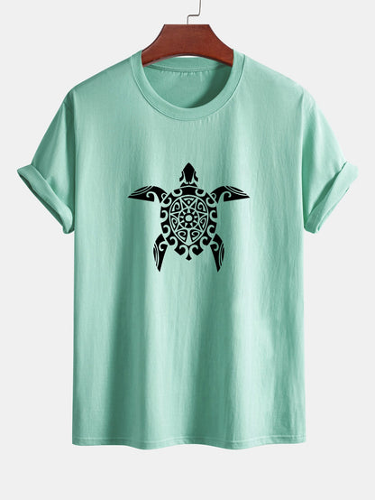 Regular Fit Geometric Turtle Print Cotton T-Shirt