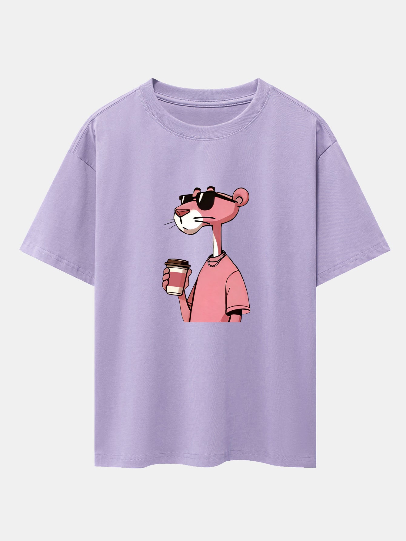 Pink Panther Drinking Coffee Print Drop Shoulder Oversize T-Shirt