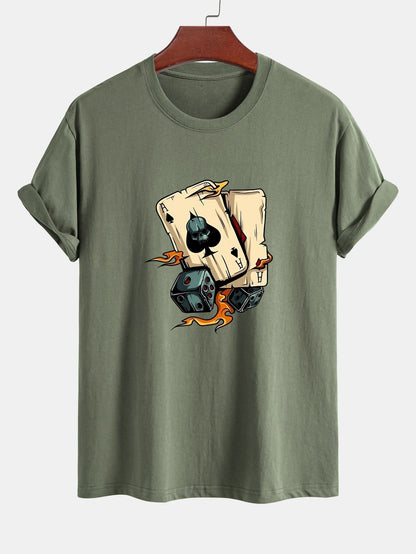 Regular Fit Dice Playing Cards Print Cotton T-Shirt