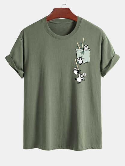 Regular Fit Pocket Panda Print Cotton T-Shirt