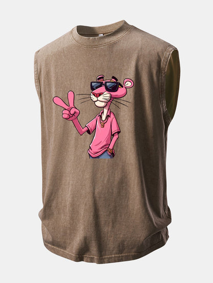 Pink Panther With V Sign Print Washed Distressed Tank Top