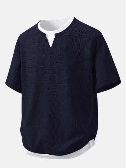 Relax Fit 2 In 1 Notched Collar Waffle T-Shirt