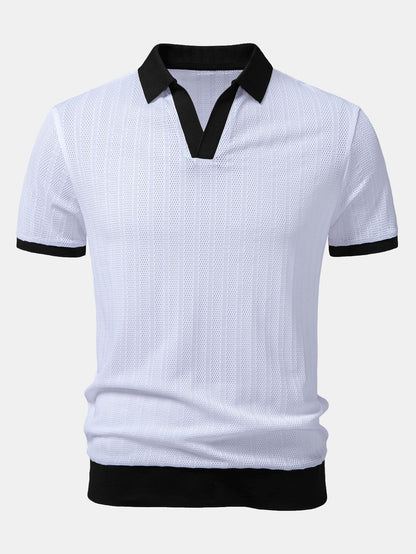 Striped Textured Johnny Collar Open Knit Polo