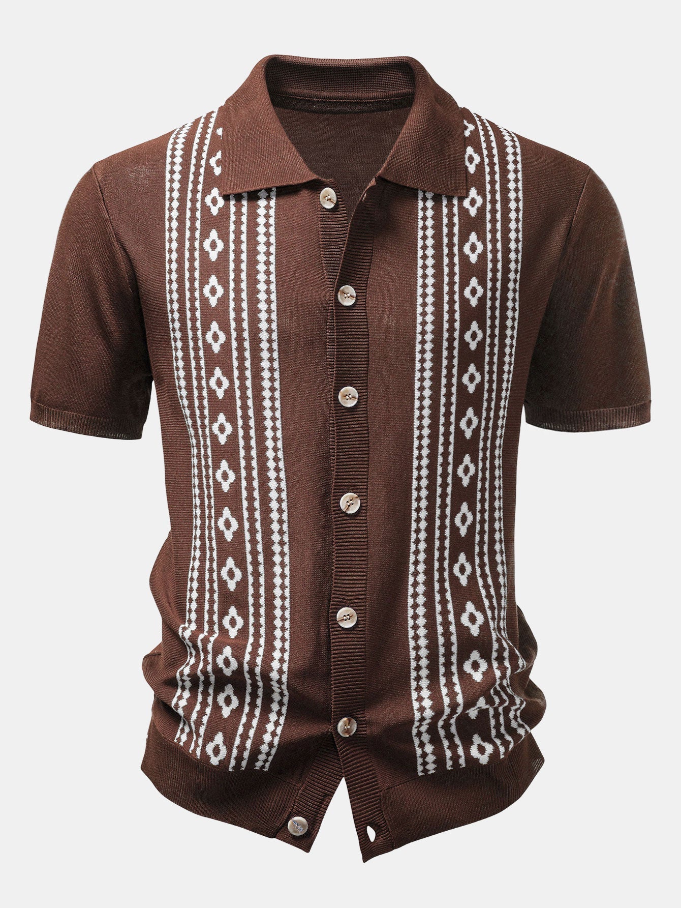 Geometric Floral Jacquard Button Up Knit Shirt