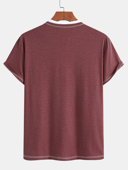 2-in-1 Notched Collar Contrast Stitching T-Shirt