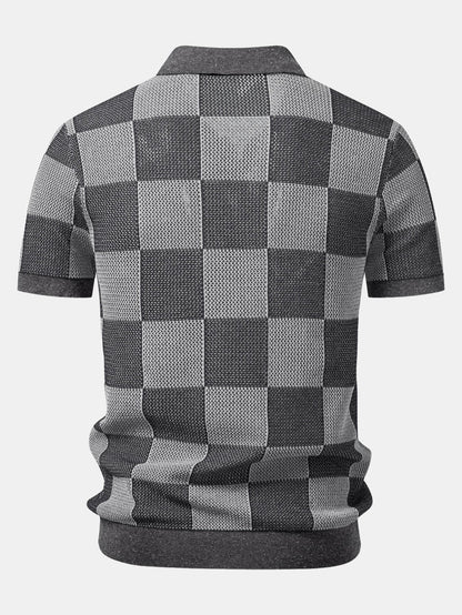 Checkerboard Crocheted Zipper Knit Polo