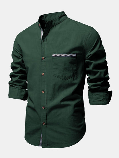 Contrast Trim Linen Look Stand Collar Shirt