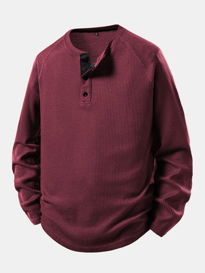 Long Sleeve Arc Hem Waffle Henley Shirt