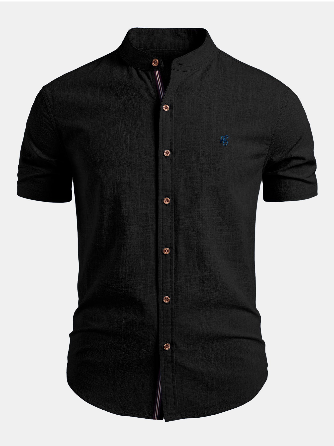Short Sleeve Linen Look Stand Collar Shirt