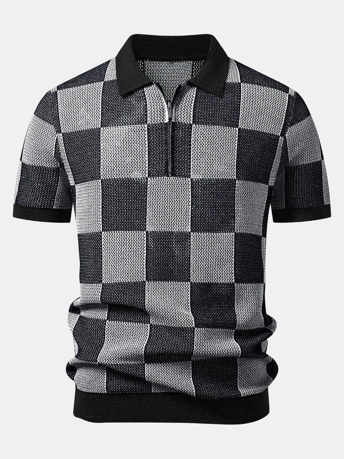 Checkerboard Crocheted Zipper Knit Polo