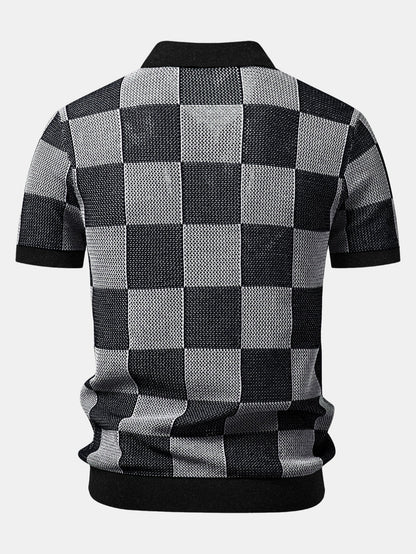 Checkerboard Crocheted Zipper Knit Polo