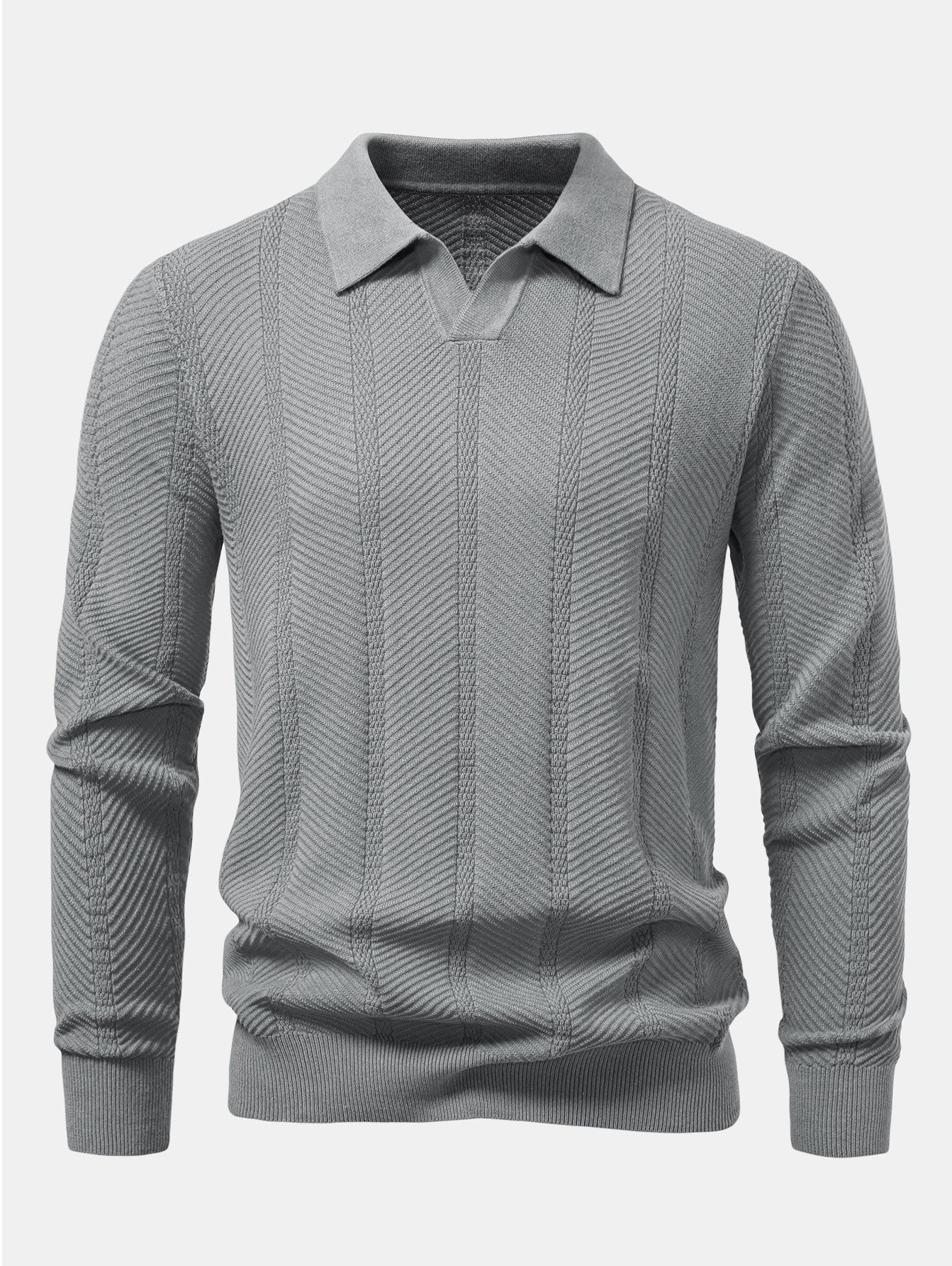Long Sleeve Stripe V Neck Knit Polo Shirt