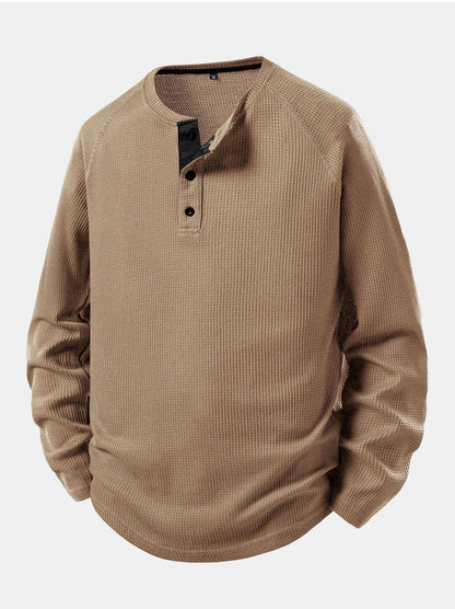 Long Sleeve Arc Hem Waffle Henley Shirt
