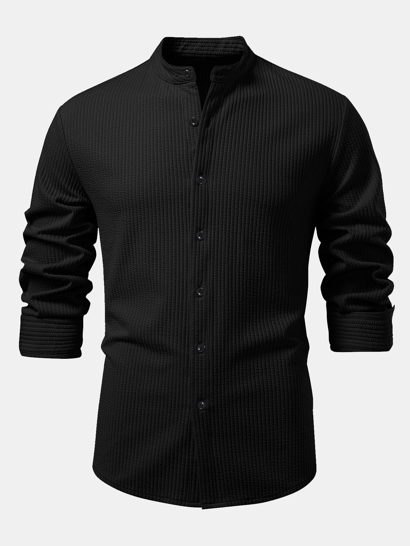 Long Sleeve Muscle Fit Ribbed Stand Collar Shirt