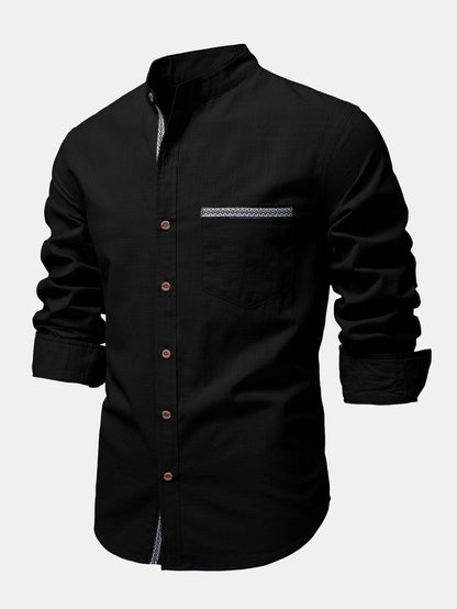 Contrast Trim Linen Look Stand Collar Shirt