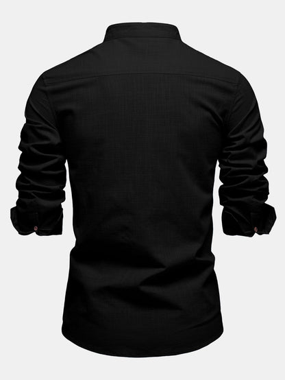 Contrast Trim Linen Look Stand Collar Shirt