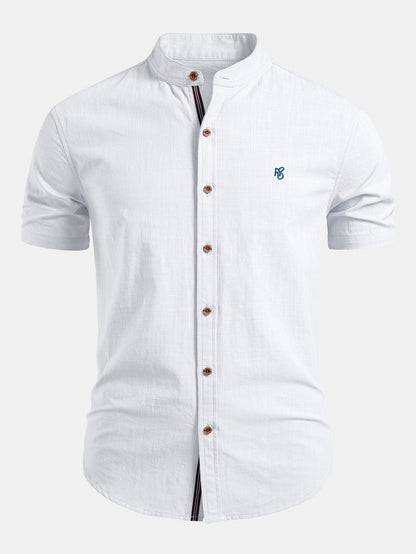 Short Sleeve Linen Look Stand Collar Shirt