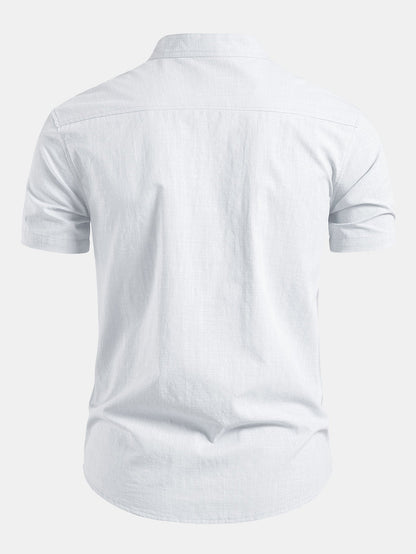 Short Sleeve Linen Look Stand Collar Shirt