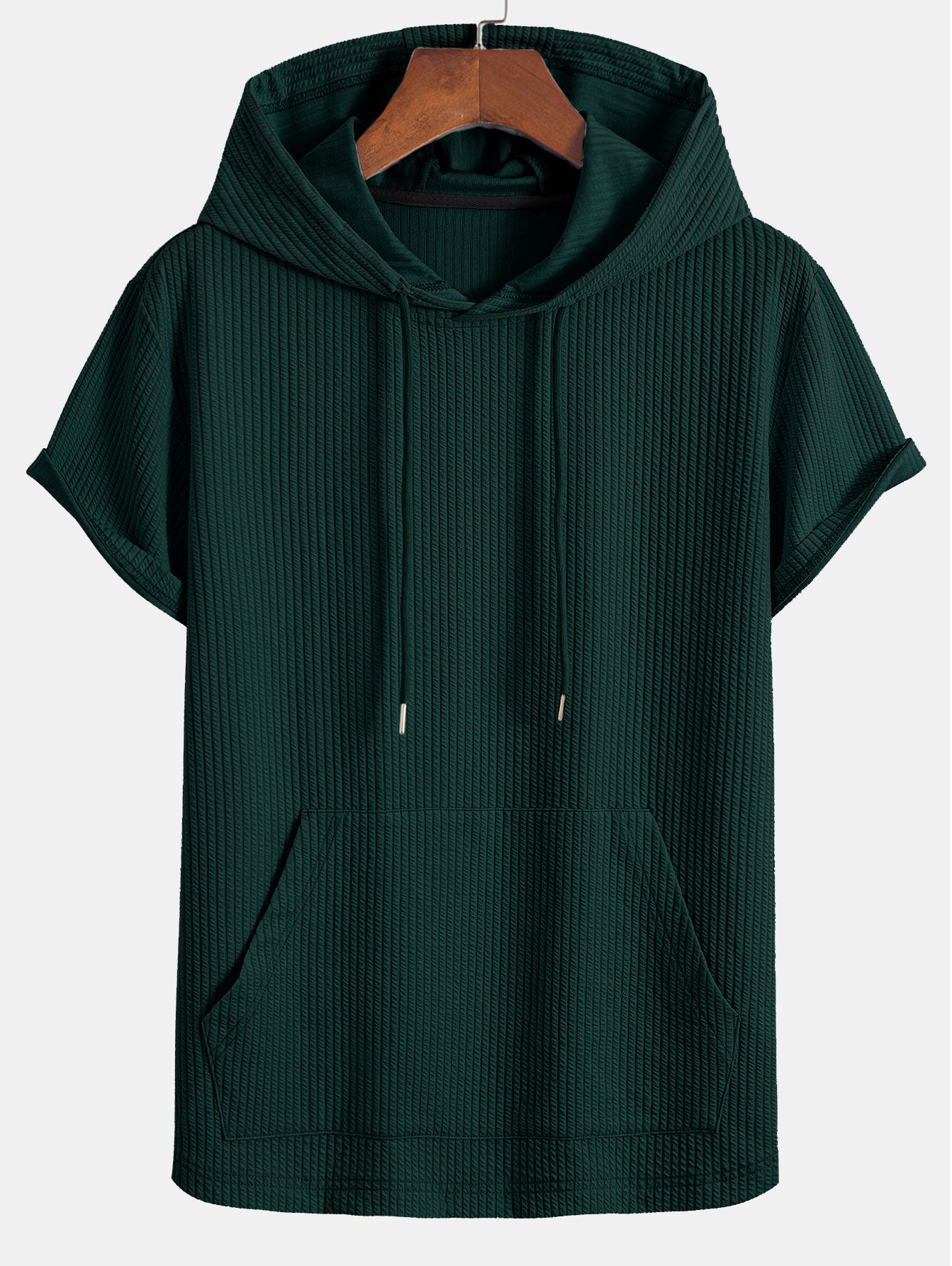 Kangaroo Pocket Ribbed Hooded T-Shirt
