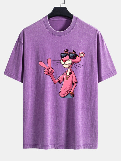 Pink Panther With V Sign Print Washed Distressed Drop Shoulder T-Shirt