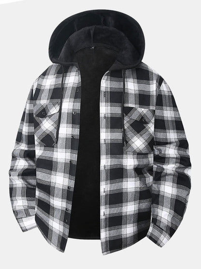 Flannel Fleece Lined Button Up Hooded Shirt