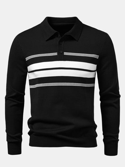 Long Sleeve Stripe Knit Polo Shirt