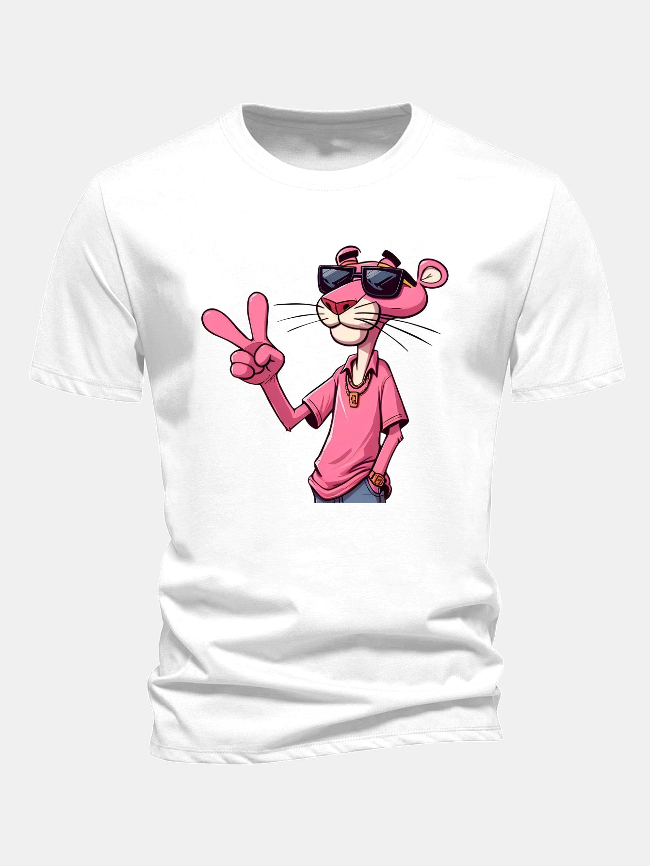 Regular Fit Pink Panther With V Sign Print Cotton T-Shirt