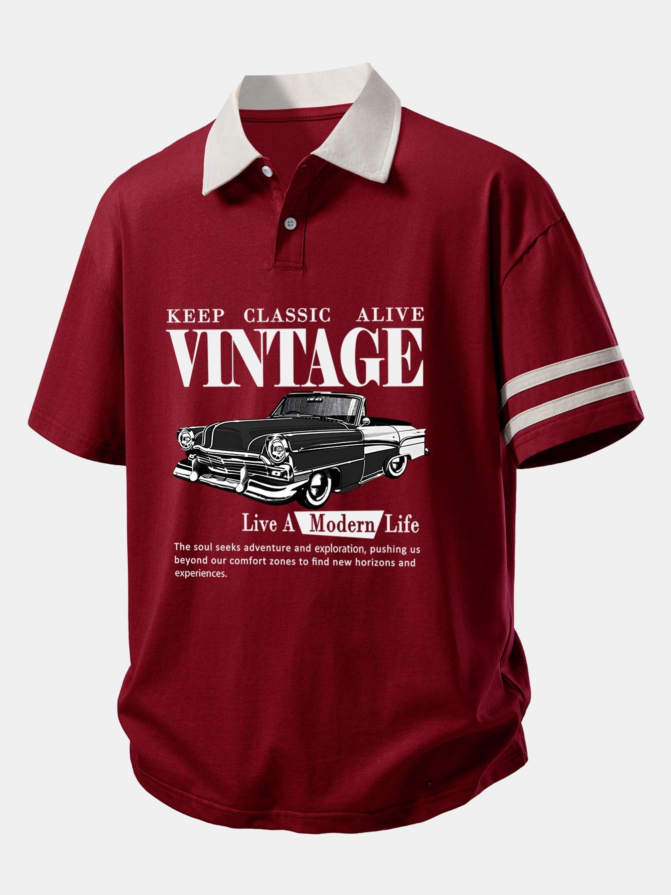 Relax Fit Vintage Car Print Contrast Collar Polo Shirt