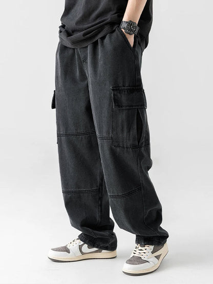 Elastic Waist Relax Fit Straight Leg Cargo Jeans