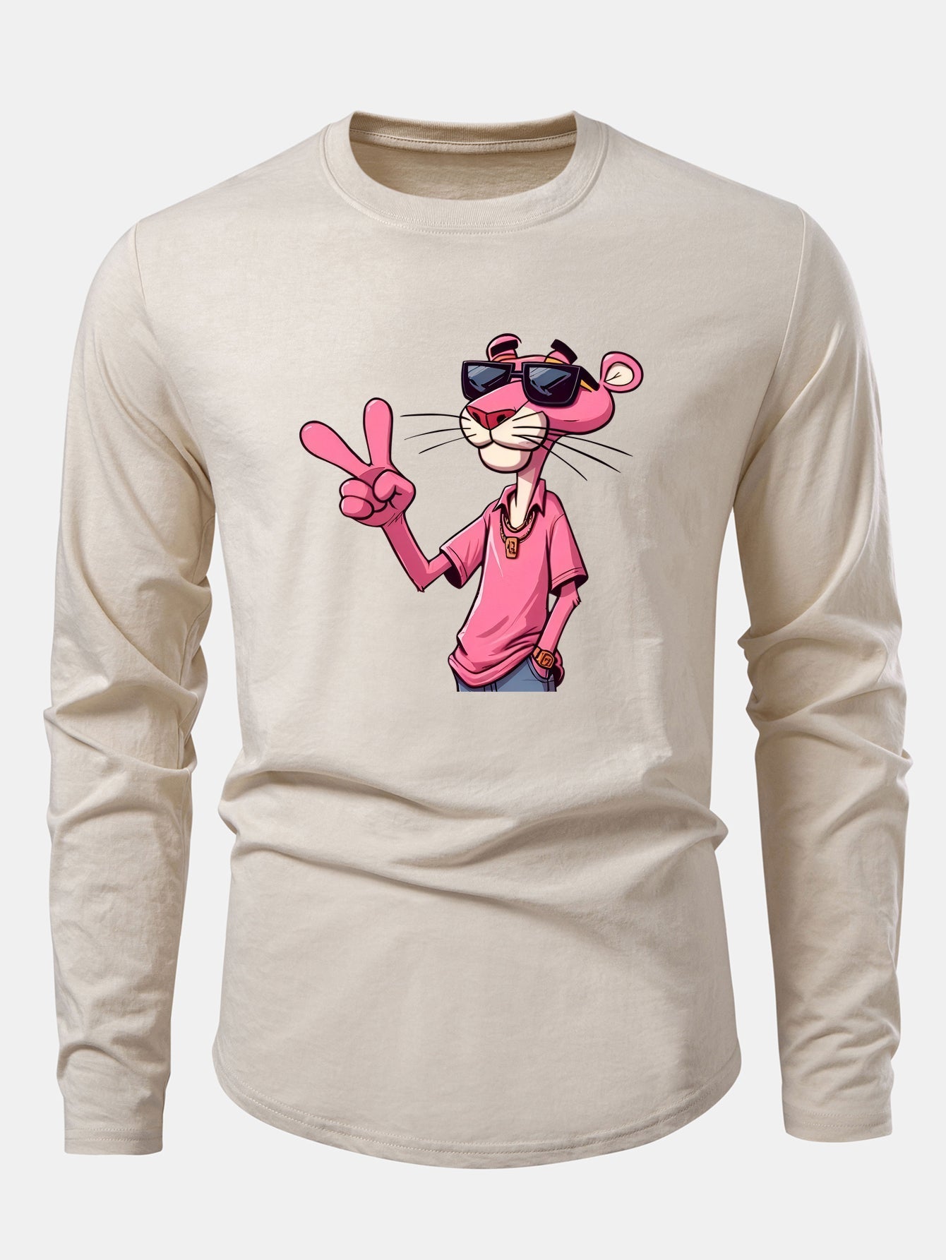 Pink Panther With V Sign Print Cotton Arc Hem T-Shirt